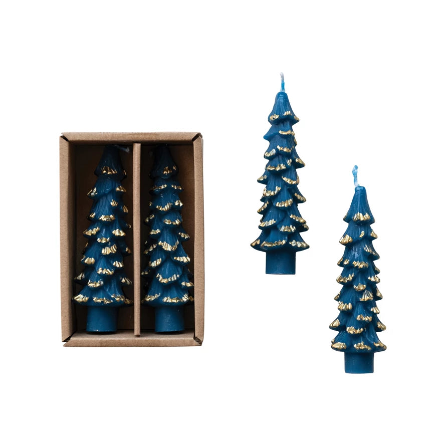 Navy w/ Gold Tree Shaped Taper Candle, Short 4 3/4"
